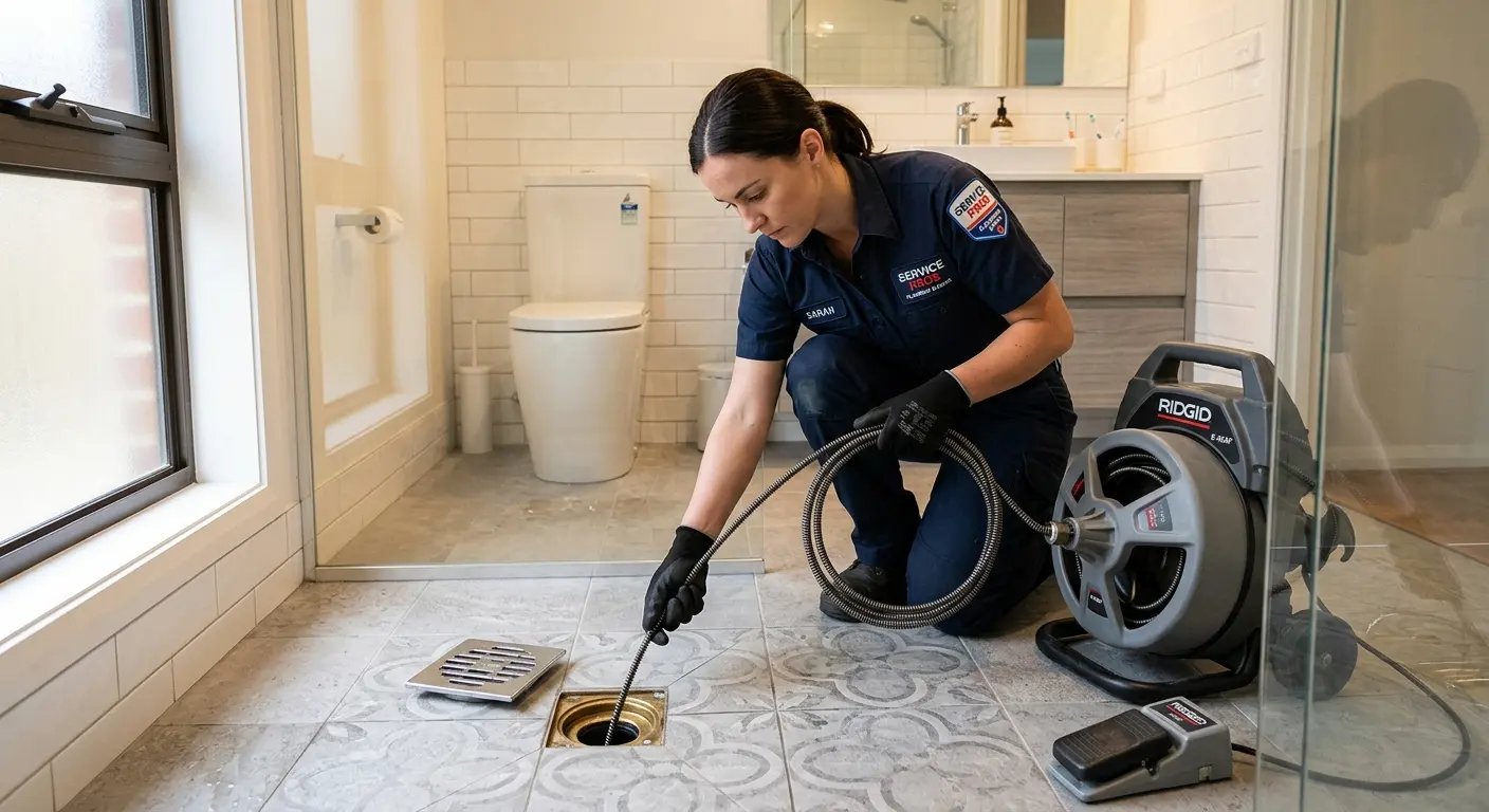 Technician clearing a bathroom floor drain for Sewer Line Replacement in Wolfforth
